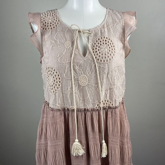 Mystree Size Small Taupe Ruffle Embroidered Dress Midi Boho Fairy - Picture 2 of 12